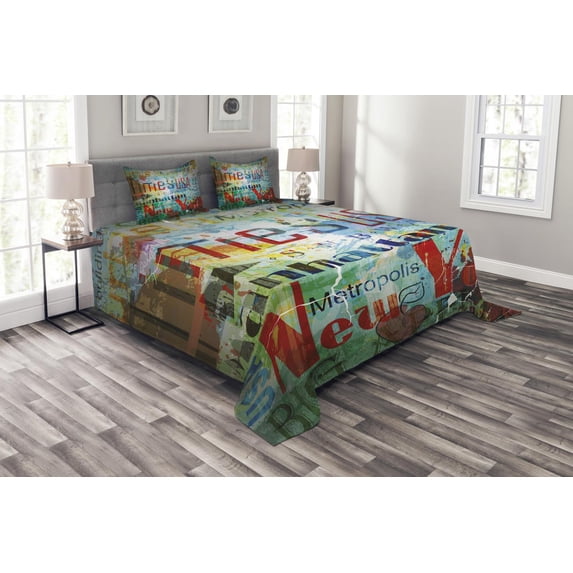 Ambesonne New York Quilted Bedspread Set 3 Pcs, Grunge Words Culture, King Size, Multicolor