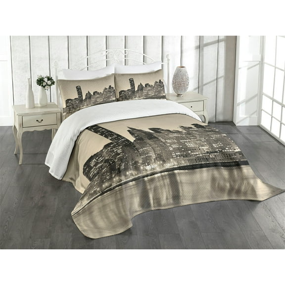 Ambesonne New York Quilted Bedspread Set 3 Pcs, Manhattan City Night, Queen Size, Sepia Black