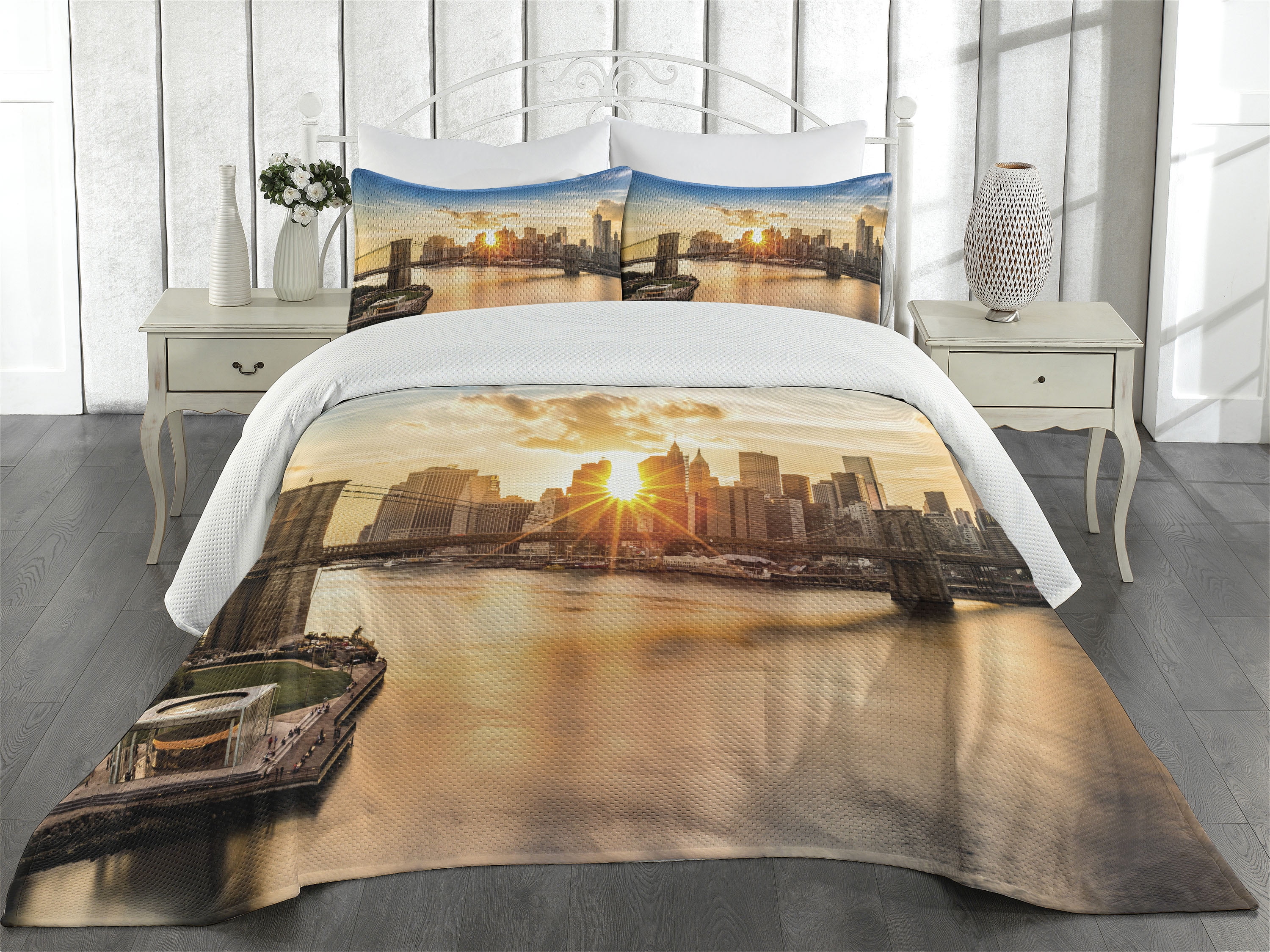 King Size White Microfiber Quilted Bedspread Set with Cityscape Design