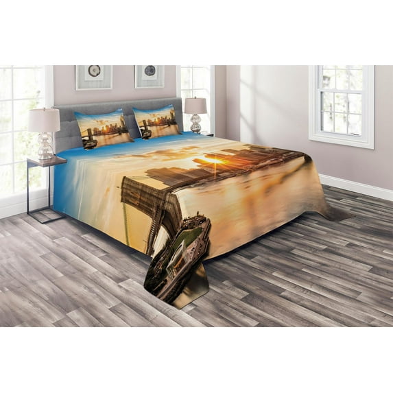Ambesonne New York Quilted Coverlet 3 Pcs, Cityscape of Brooklyn, Queen Size, Multicolor