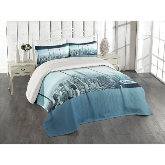 Ambesonne New York Quilted Coverlet 3 Pcs, Urban Modern City, King Size, Sky Blue