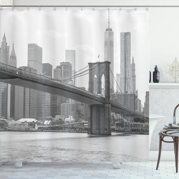Ambesonne New York Shower Curtain, Brooklyn Bridge USA, 69"Wx70"L, Grey White