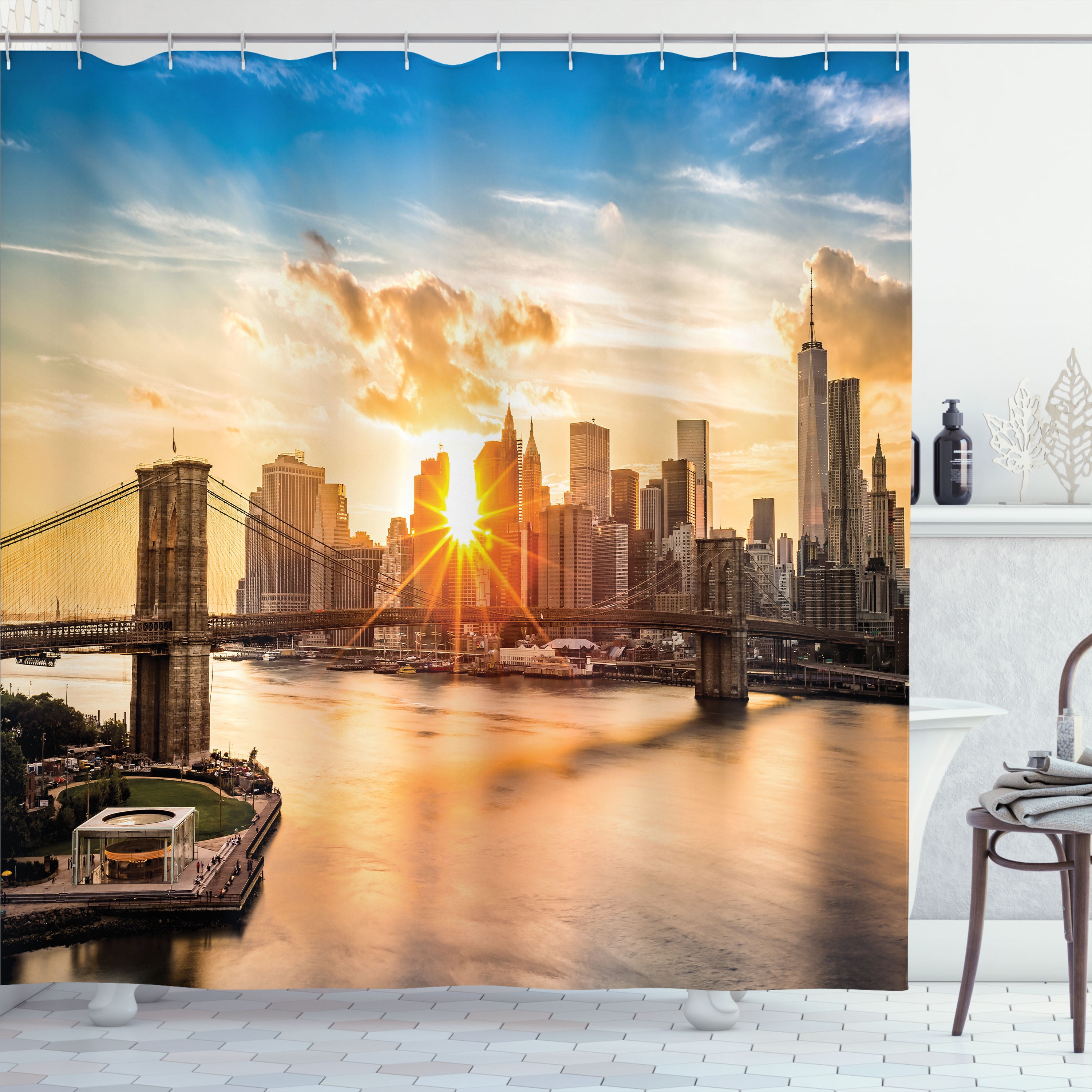 Ambesonne New York Shower Curtain, Cityscape of Brooklyn, 69\, image size:3000x3000
