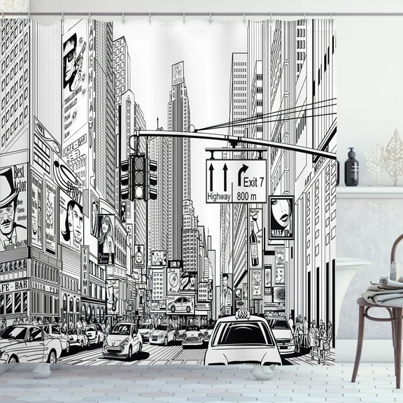 Ambesonne New York Shower Curtain, Downtown Manhattan, 69"Wx70"L, Black and White