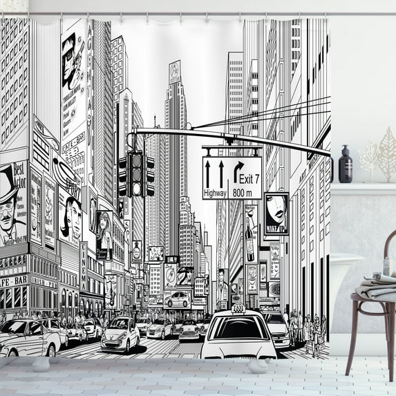 Ambesonne New York Shower Curtain, Downtown Manhattan, 69"Wx70"L, Black and White
