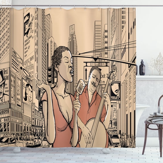 Ambesonne New York Shower Curtain, Jazz Singer Guitarist, 69"Wx75"L, Brown Beige