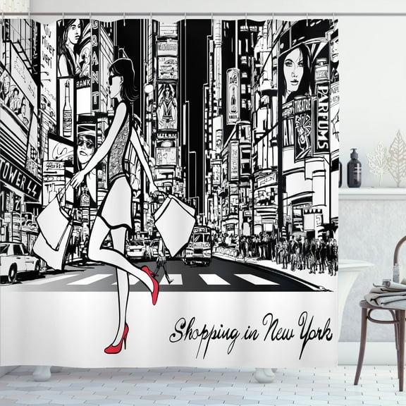 Ambesonne New York Shower Curtain, Lady Passing Crowded City, 69"Wx75"L, Dark Pink Charcoal Grey