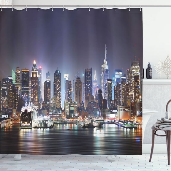 Ambesonne New York Shower Curtain, Manhattan Skyline at Night, 69"Wx70"L, Blue and Orange