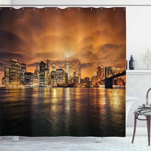 Ambesonne New York Shower Curtain, Manhattan at Sunset, 69"Wx75"L, Orange Black