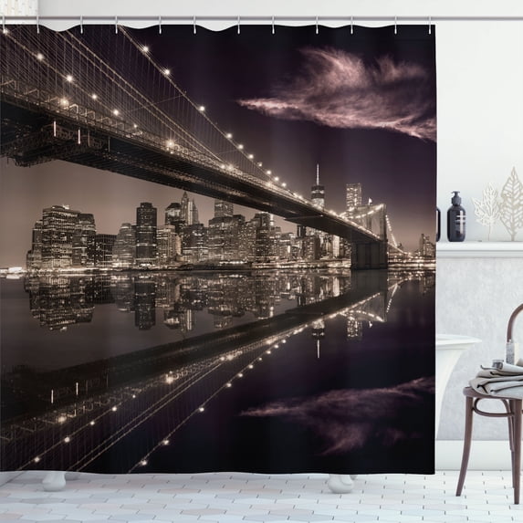 Ambesonne New York Shower Curtain, USA America Skyline, 69"Wx84"L, Pale Brown Dried Rose