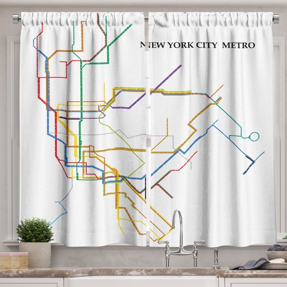 Ambesonne New York Subway Kitchen Curtains, Map of Underground, 55"x39", White Multicolor