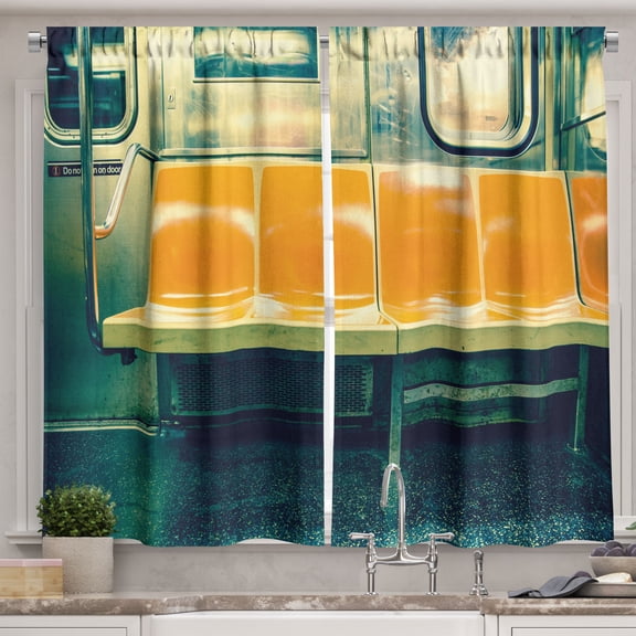 Ambesonne New York Subway Kitchen Curtains, Metro Inside View, 55"x45", Forest Green and Orange