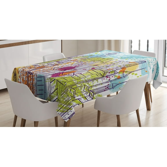Ambesonne New York Tablecloth Rectangular Table Cover, Landscape Skyscrapes, 60"x90", Yellow and Sky Blue