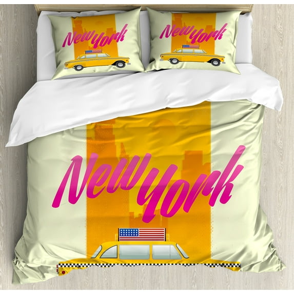 Ambesonne New York Taxi Duvet Cover Sets, American Checker Cab, 2-King, Pastel Green and Multicolor