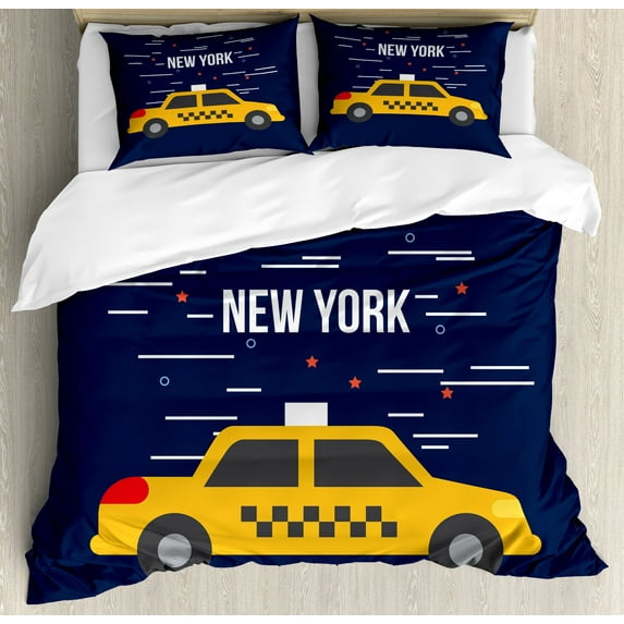 Ambesonne New York Taxi Duvet Cover Sets, City Cab with Stars, 2-King, Night Blue and Earth Yellow