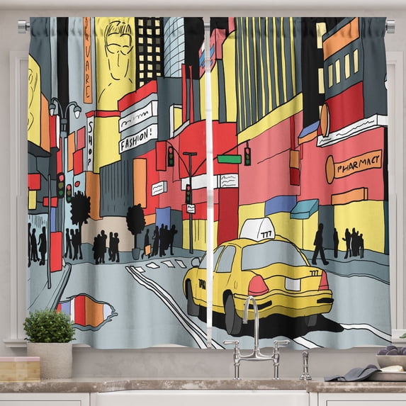Ambesonne New York Taxi Kitchen Curtains, Times Square View, 55"x24", Multicolor