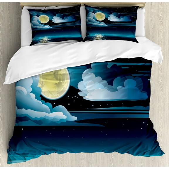 Ambesonne Night Duvet Cover Set, Clouds Full Moon Stars, Calking, Black Pale Blue Eggshell