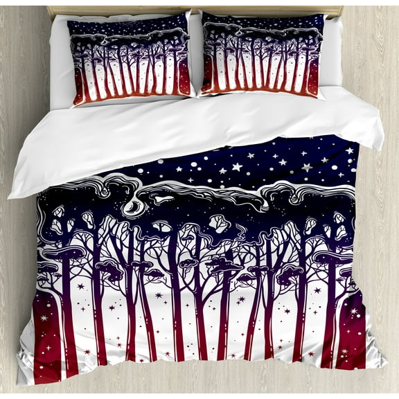 Ambesonne Night Duvet Cover Set, Forest Moon Starry Sky Scene, Calking, Indigo and Mauve Taupe