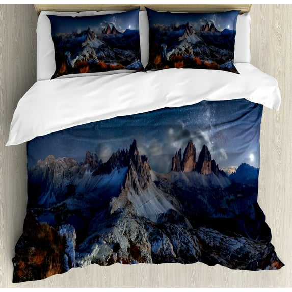 Ambesonne Night Duvet Cover Set, Italy Mountains Milky Way, 2-Calking, Dark Blue Redwood Tan