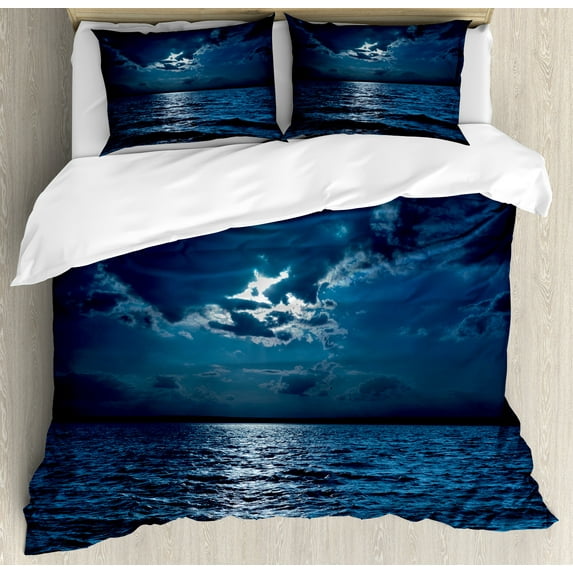 Ambesonne Night Duvet Cover Sets, Dramatic Sky Moon Ocean, 2-King, Dark Blue White