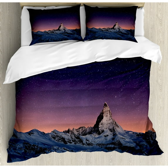 Ambesonne Night Duvet Cover Sets, Matterhorn Peak Europe, 2-Queen, Purple Coral Beige