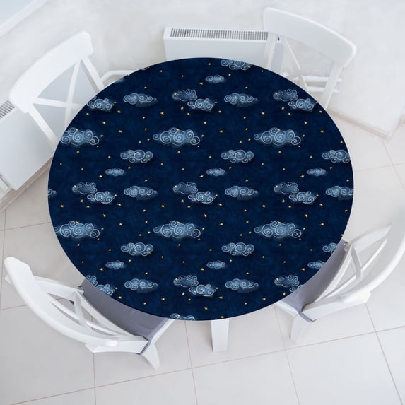 Ambesonne Night Fitted Round Tablecloth, Japanese Swirly Clouds Stars, 40"- 44" Diameter, Dark Sky Blue and Yellow