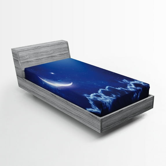 Ambesonne Night Fitted Sheet 2 Pcs Set, Crescent Moon and Stars, Twin XL, Royal Blue White