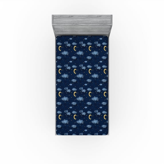 Ambesonne Night Fitted Sheet, Dark Sky Stars with Clouds, Twin Size, Dark Navy Blue and Mustard