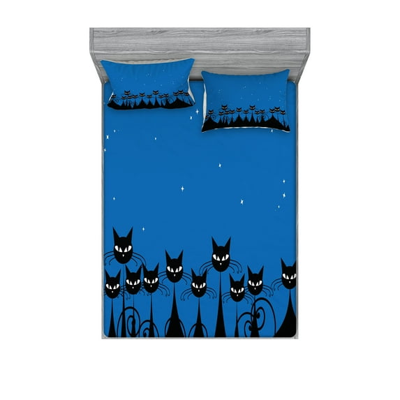 Ambesonne Night Fitted Sheet & Pillow Sham Set, Black Cats Starry Sky, Calking, Blue Black White