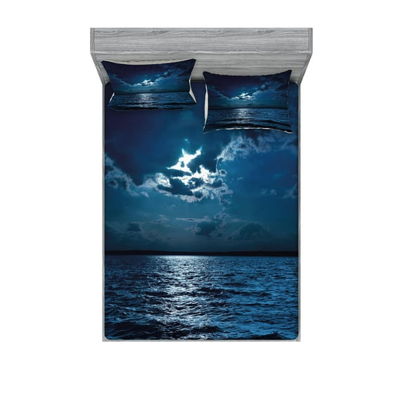 Ambesonne Night Fitted Sheet & Pillow Sham Set, Dramatic Sky Moon Ocean, Queen, Dark Blue White