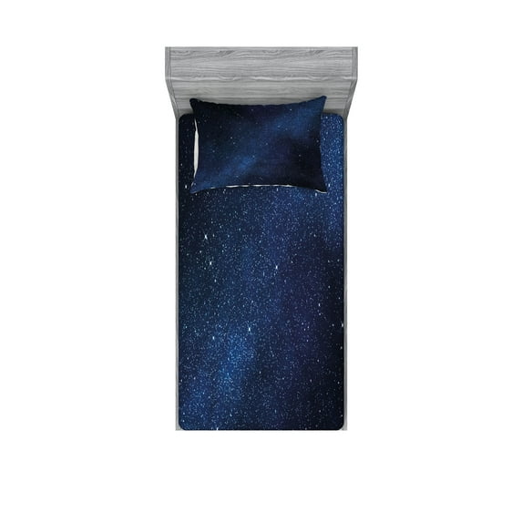 Ambesonne Night Fitted Sheet & Pillow Sham Set, Space and Stars, Twinxl, Dark Blue White