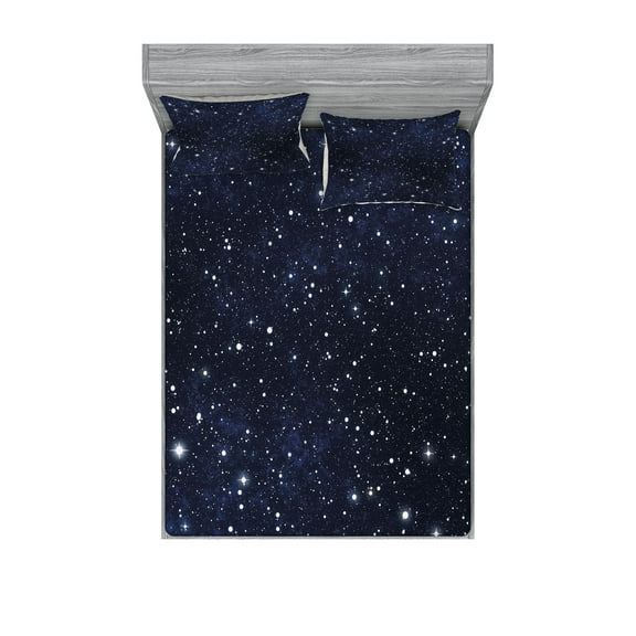 Ambesonne Night Fitted Sheet & Pillow Sham Set, Vivid Celestial Sky View, Full, Dark Blue White