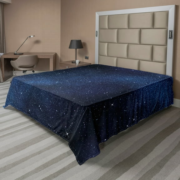 Ambesonne Night Flat Sheet, Space and Stars, Queen Size, Dark Blue White
