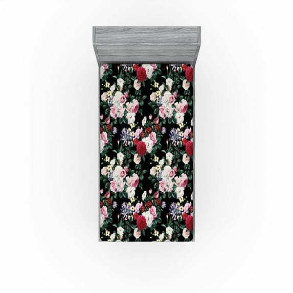 Ambesonne Night Garden Fitted Sheet, Dreamy rose Flowers, Twin Size, Jade Green and Dark Pink