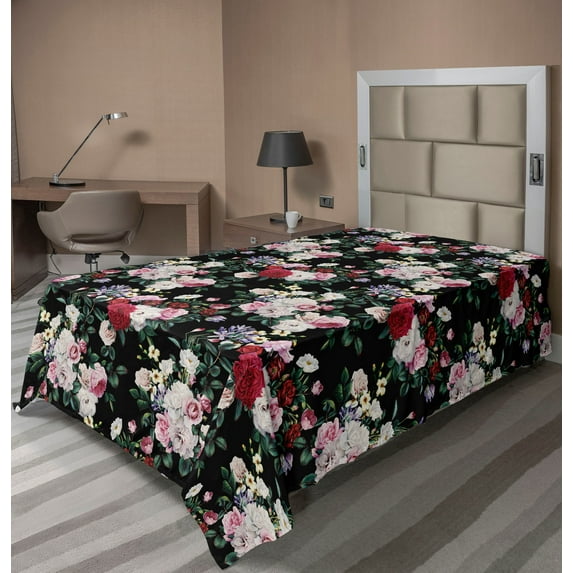 Ambesonne Night Garden Flat Bedding Sheet Soft Top Sheet, Dreamy rose Flowers, Twin, Jade Green and Dark Pink
