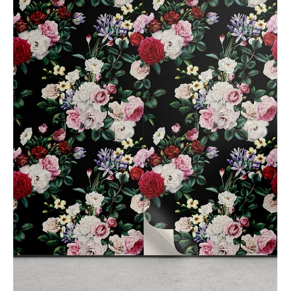 Ambesonne, Night Garden Peel & Stick Wallpaper for Home, Dreamy rose Flowers, 13"x72", Jade Green and Dark Pink
