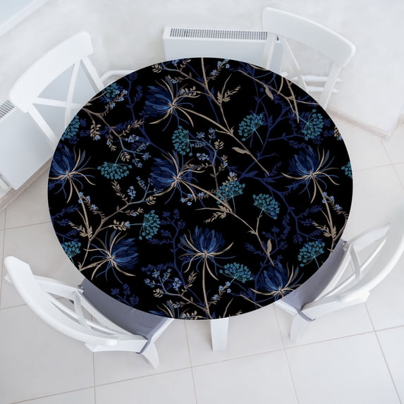 Ambesonne Night Jungle Fitted Round Tablecloth, Dreamy Nostalgic Bloom, 56"- 60" Diameter, Dark Indigo and Pale Camel
