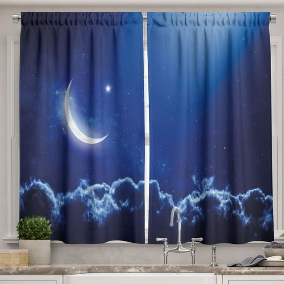 Ambesonne Night Kitchen Curtains, Crescent Moon and Stars, 55"x30", Royal Blue White