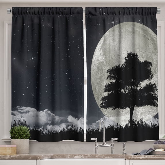 Ambesonne Night Kitchen Curtains, Giant Moon Tree, 55"x39", Grey Black Charcoal Grey