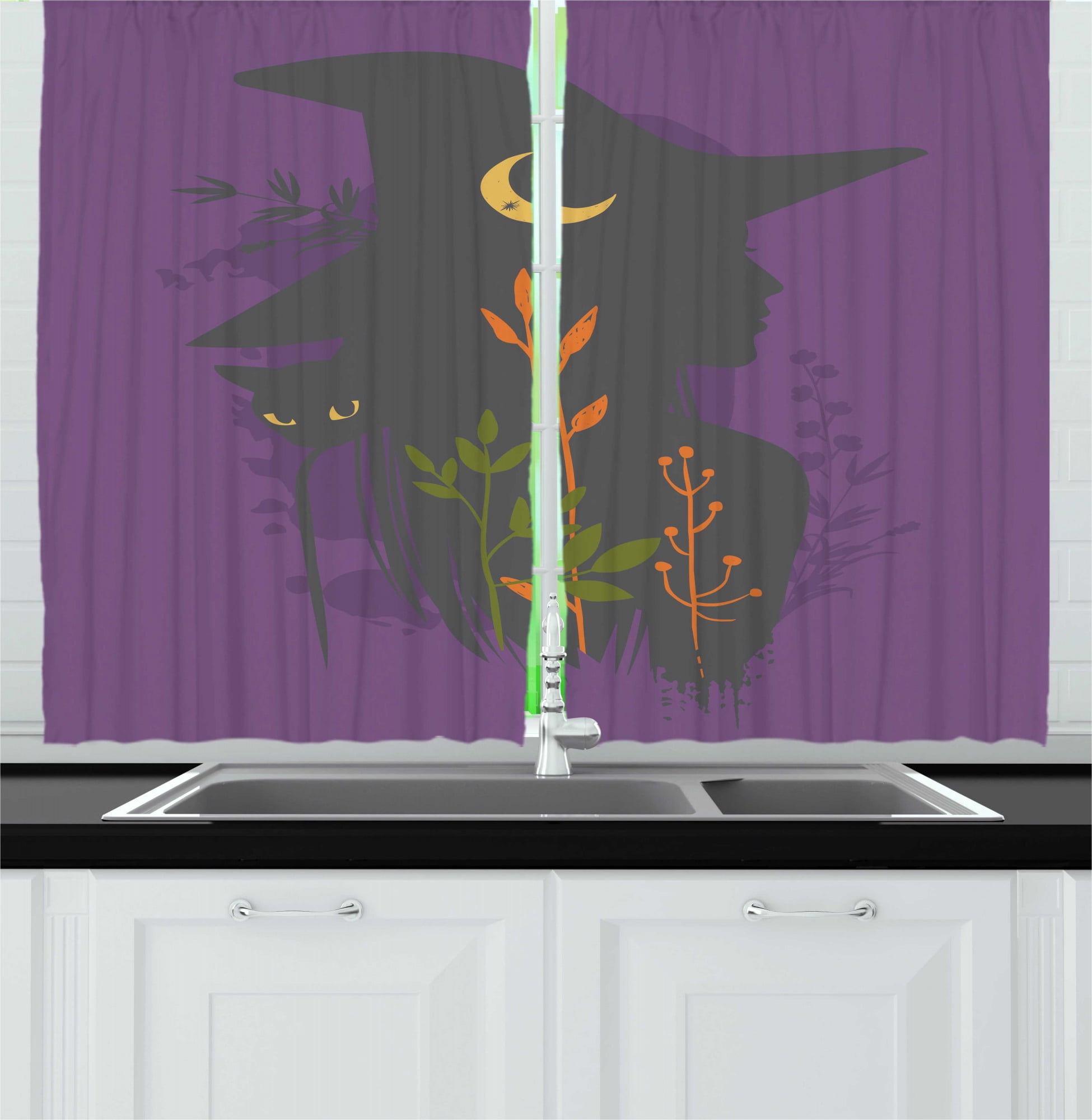 Ambesonne Night Kitchen Curtains, Witch in a Hat Wild Plants, 55"x45 ...