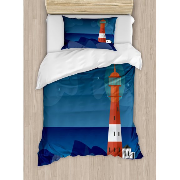 Ambesonne Night Ocean Duvet Cover Sets, Lighthouse at Night, 2-Twin, Night Blue Multicolor
