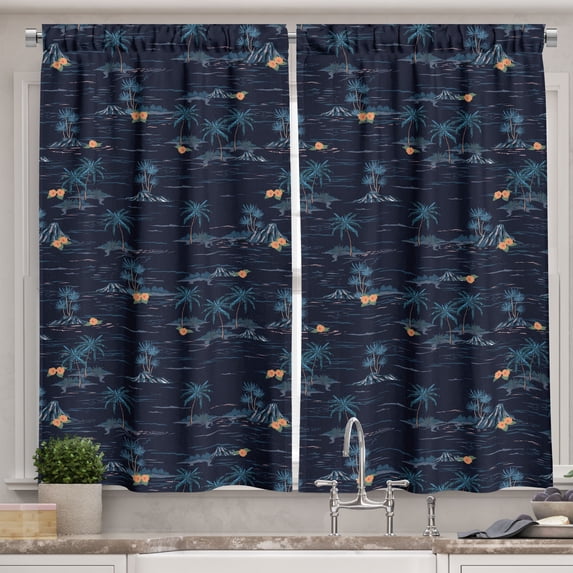 Ambesonne Night Ocean Kitchen Curtains, Exotic Palms Islands, 55"x24", Blue Indigo and Salmon
