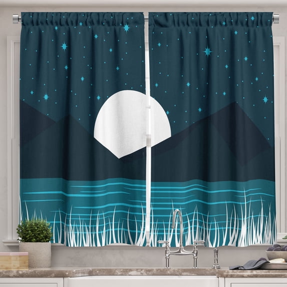 Ambesonne Night Ocean Kitchen Curtains, Full Moon Behind Hills, 55"x39", Petrol Blue Sea Blue