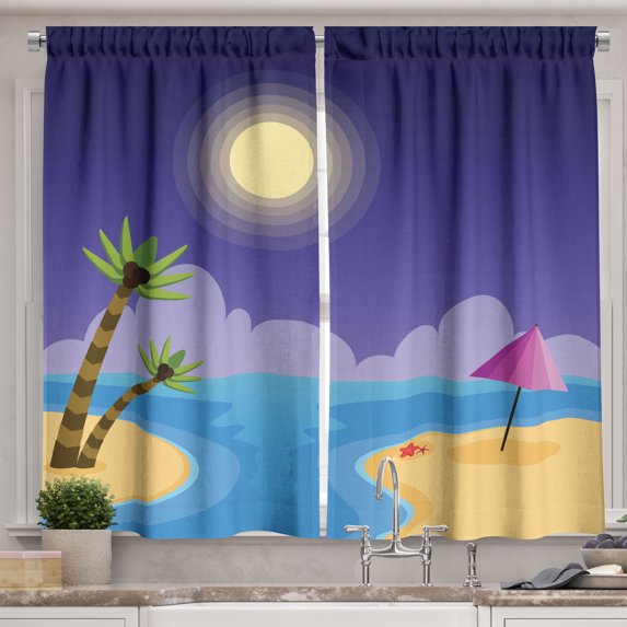 Ambesonne Night Ocean Kitchen Curtains, Full Moon Palm Leaves, 55"x39", Quartz Sky Blue and Camel