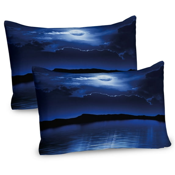 Ambesonne Night Pillow Sham 2 Pack, Fantasy Moon Calm Water, 36"x20", Navy Blue White Black
