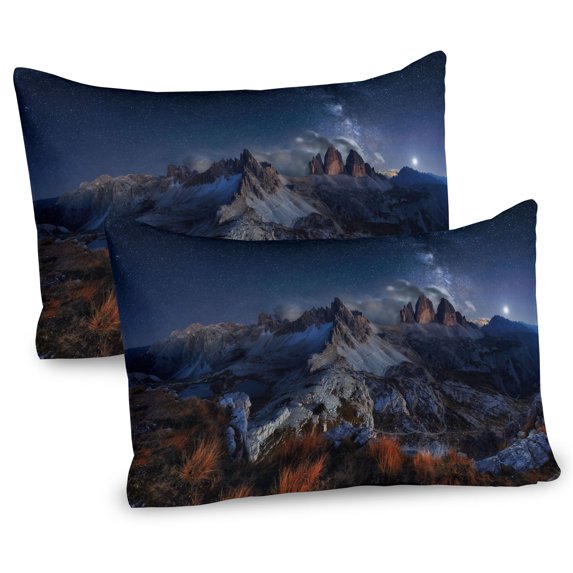 Ambesonne Night Pillow Sham 2 Pack, Italy Mountains Milky Way, 30"x20", Dark Blue Redwood Tan