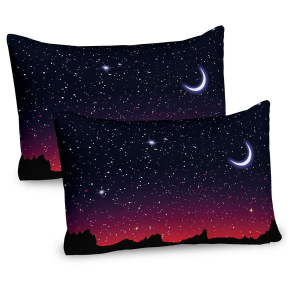 Ambesonne Night Pillow Sham 2 Pack, Red Sky Starry Landscape, 26"x20", Indigo Magenta Black