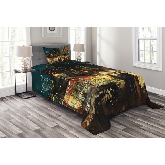 Ambesonne Night Quilted Bedspread Set 2 Pcs, City Street Colorful Art, Twin Size, Multicolor