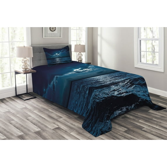 Ambesonne Night Quilted Bedspread Set 2 Pcs, Dramatic Sky Moon Ocean, Twin Size, Dark Blue White