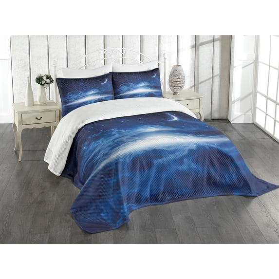 Ambesonne Night Quilted Bedspread Set 2 Pcs, Galaxy Falling Stars View, Twin Size, Navy Blue White Indigo